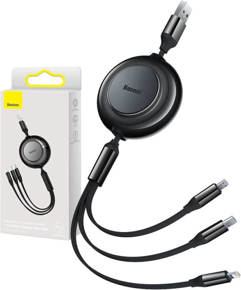 Navijalni kabel 3-v-1 za napajanje in podatke Baseus Bright Mirror II, USB-A na Lightning/USB-C/micro USB, 3,5 A, 1,1 m, črn