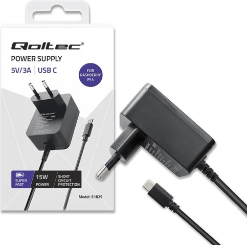 polnilec usb‑c 15 W za raspberry pi 4 s power delivery – črna