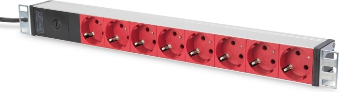 Napajalni trak za 19″ rack DIGITUS, 8× rdeče vtičnice schuko, vhod C14, kabel 2 m, 10 A, aluminij