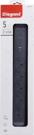 Podaljšek z 2 USB priključkoma A/C, 5 vtičnic, 1,5 m, črn