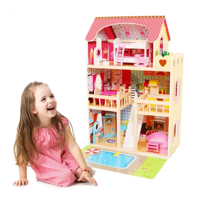 Lesena hišica za lutke, pohištvo, bazen + osvetlitev ECOTOYS