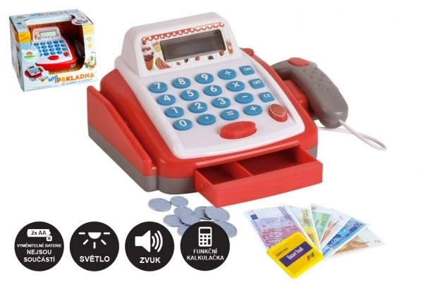 Majhna digitalna blagajna iz plastike 18cm z dodatki na baterije z zvokom in svetlobo v škatli 22x15x18cm