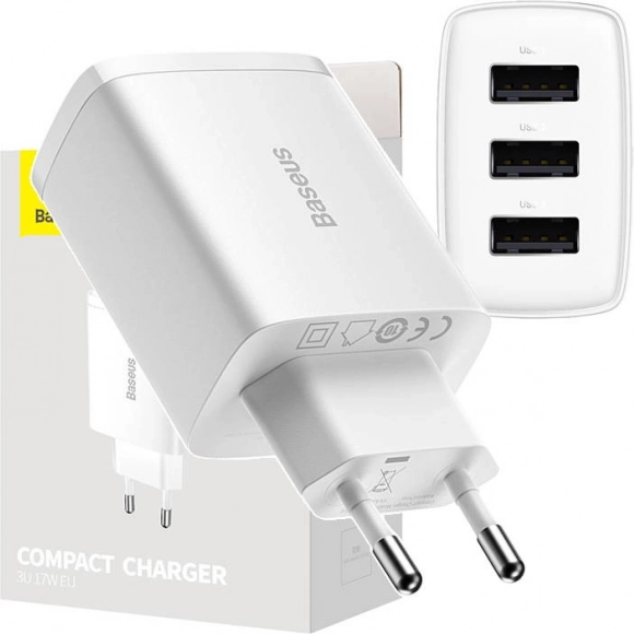 Omrežni polnilnik BASEUS 17 W, 3× USB, bela