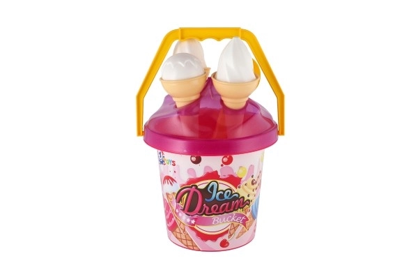 Komplet za pesek plast vedro + modelčki sladoled 2 barvi v mreži 18x28x17cm 12m+