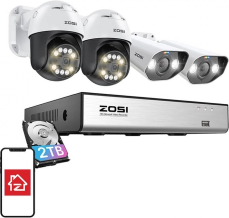 Komplet IP kamer ZOSI 2× C296 Wi‑Fi 5MP in 2× C182 Wi‑Fi 8MP z NVR 8 kanalov in 2TB HDD