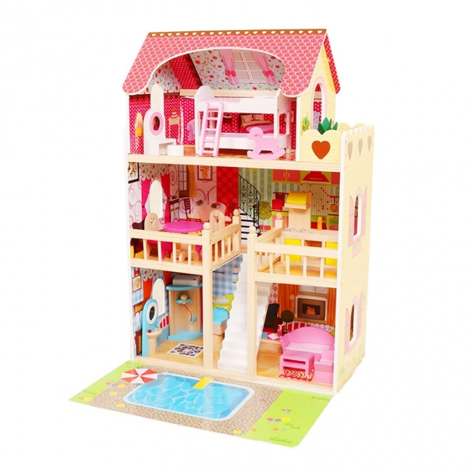 Lesena hišica za lutke, pohištvo, bazen + osvetlitev ECOTOYS