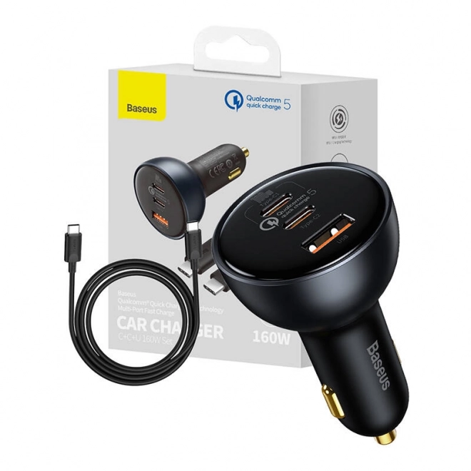 Polnilnik za avto Baseus Qualcomm, USB, 2x USB-C, 160 W (siva)