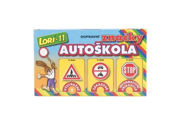 Gradbeni komplet LORI 11 Avtošola Prometni znaki 16 kos+2 stožca+avto plastika v škatli 22x13x6cm
