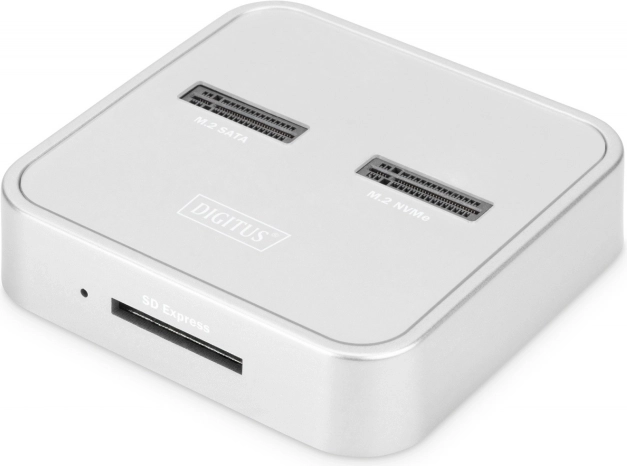 Namizna priklopna postaja za SSD M.2 NVMe in M.2 SATA s čitalnikom SD Express, USB‑C, srebrna