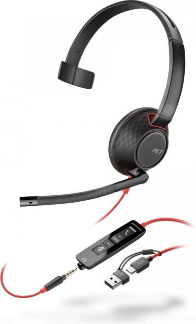 Enostranska slušalka POLY Blackwire 5210 USB‑C s 3,5‑mm priključkom in adapterjem USB‑C/USB‑A