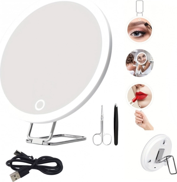 Povečevalno make-up ogledalo 30× z LED osvetlitvijo in dodatki