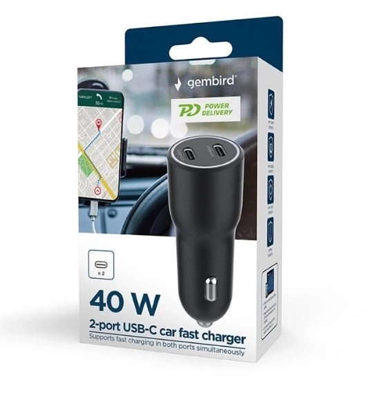 Avtopolnilec z 2x USB-C PD 40W črna