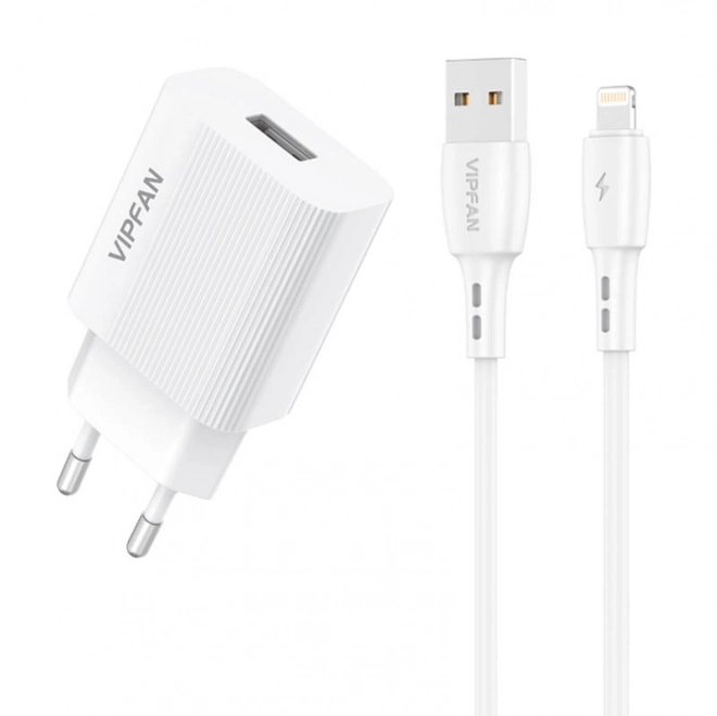 Mrežni polnilec VFAN E01, 1x USB, 2,4A + kabel Lightning (bela)