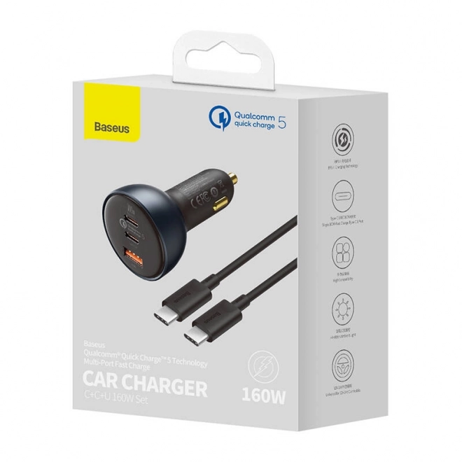 Polnilnik za avto Baseus Qualcomm, USB, 2x USB-C, 160 W (siva)
