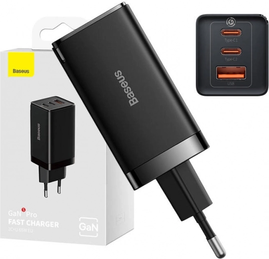 Stenski polnilec Baseus GaN5 Pro 65 W, 2× USB‑C + USB (črna)