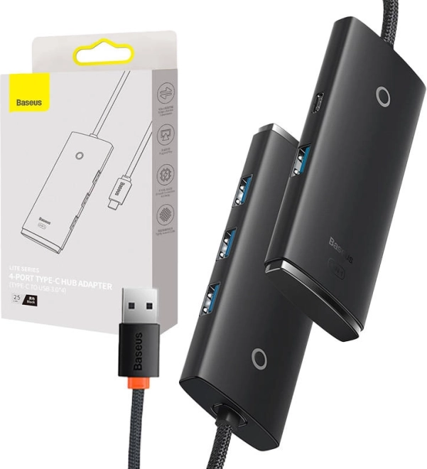 USB-C adapter Baseus OS-Lite s 4 vrati USB 25 cm črn