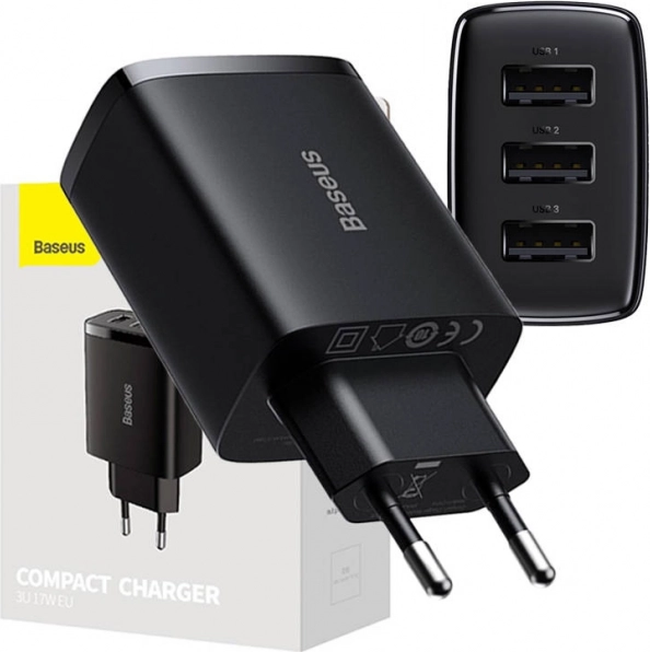 Omrežni hitri polnilec BASEUS 17 W, 3× USB, črna