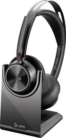 Poly Voyager Focus 2 – brezžične naglavne slušalke s polnilnim stojalom, certifikat Microsoft Teams, USB‑C + adapter USB‑A