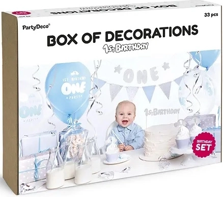 Set rojstnodnevnih dekoracij za 1. rojstni dan – modro‑srebrn