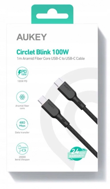 Kevlarjev USB-C kabel AUKEY, 1m, 5A, 100W PD