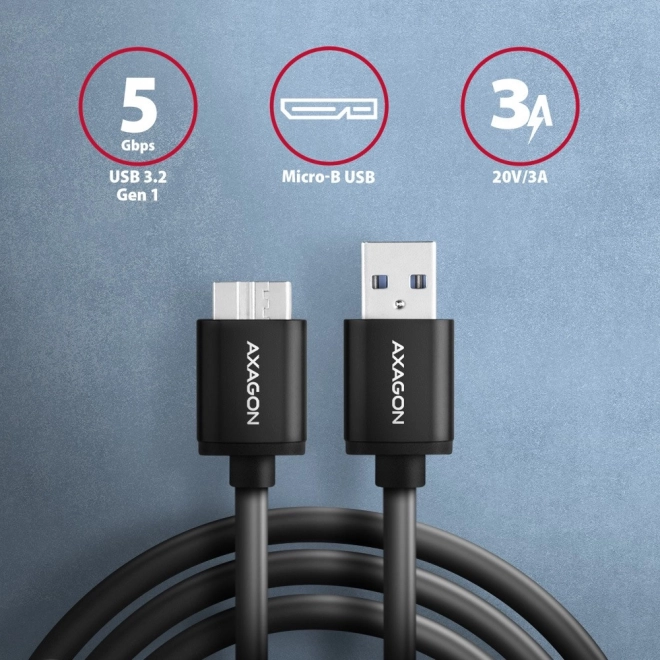 Kabel AXAGON Micro-B USB na USB-A 3.2 Gen 1, 1m, 3A, ALU, PVC, črn