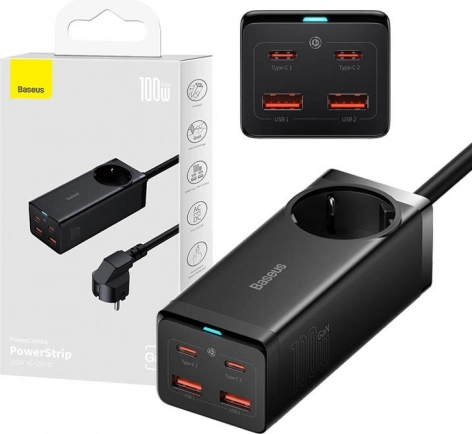Baseus GaN3 Pro napajalni razdelilec in polnilnik 100 W, 2× USB‑C + 2× USB + AC (črna)