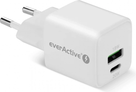 Omrežni polnilec GaN 1x USB, 1x USB-C 20W QC3.0 bel