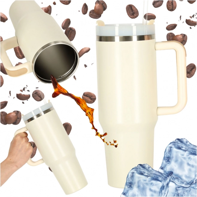 Kremasti termolonček s slamico in ročajem 1200 ml