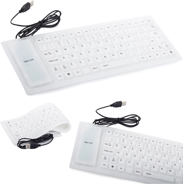 silikonska tiha USB tipkovnica, bela, zvitljiva in vodoodporna