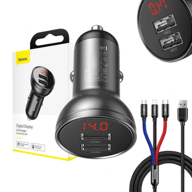 Baseus Polnilec za Avto z Zaslonom in USB 3v1 Kabli 24W