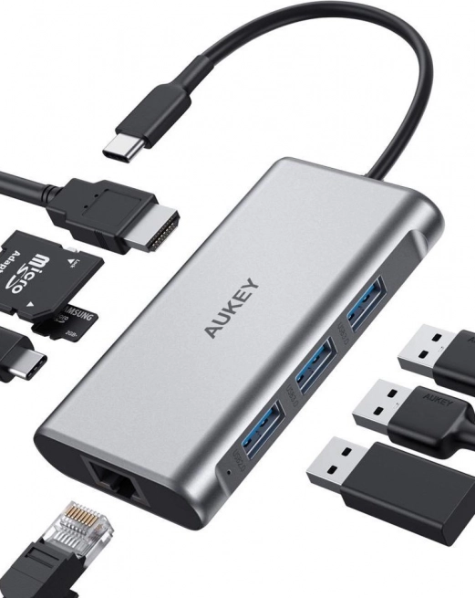 CB-C91 aluminijast USB-C HUB | 8-v-1 | RJ45 Ethernet 10/100/1000 Mbps | 3x USB 3.1 | HDMI 4K@30Hz | SD in microSD | USB-C Power Delivery 100 W