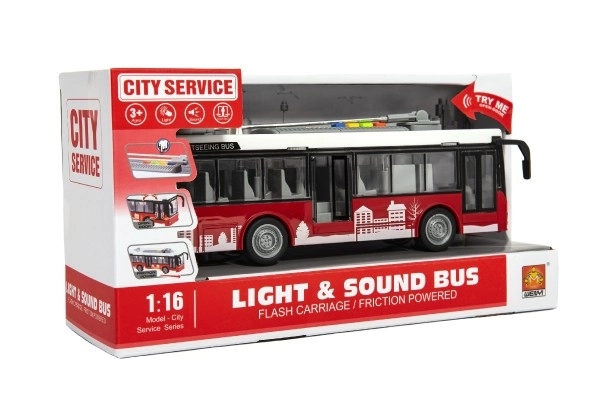 Avtobus/trolejbus plast 28cm na vztrajnik na bat. s svetlobo z zvokom v škatli 32x17x11cm