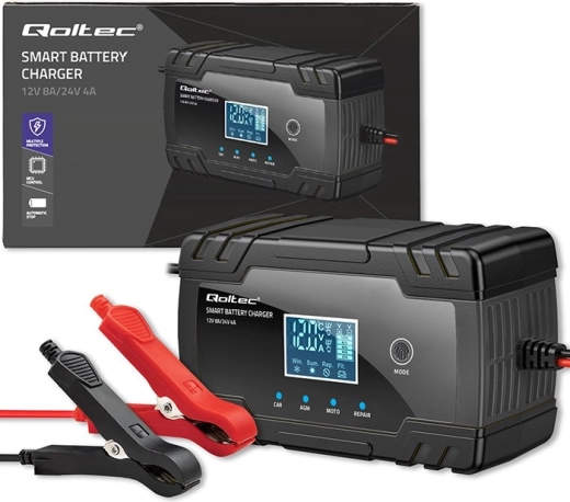 inteligentni polnilec avtomobilskih baterij 12V/24V z LCD in funkcijo obnove – Qoltec