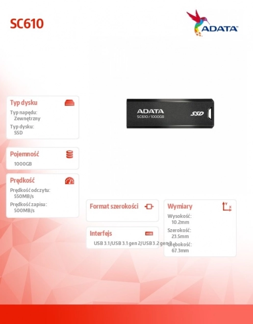 Zunanji SSD disk ADATA SC610 1000GB USB3.2 Gen2 črn