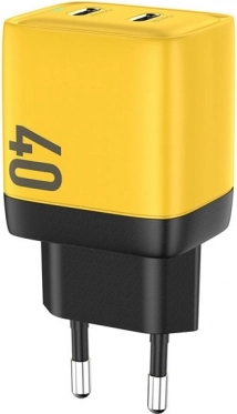 Omrežni polnilec 2x USB-C Super Fast Charger GaN 40W rumen