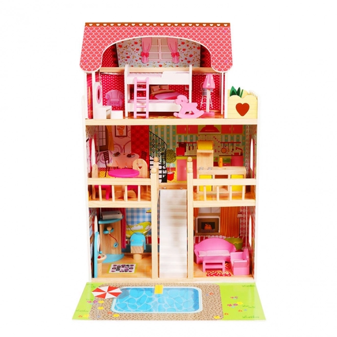 Lesena hišica za lutke, pohištvo, bazen + osvetlitev ECOTOYS