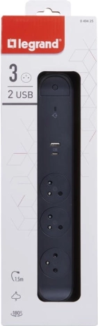 podaljševalni prenapetostni razdelilec 3 vtičnice z USB A/C, 1,5 m, črn