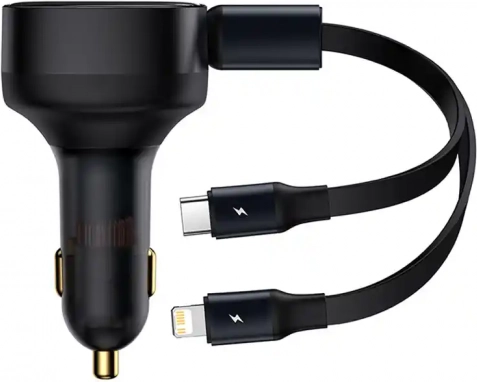 Avtopolnilnik Baseus Enjoyment z integriranima kabloma USB‑C in Lightning, 30 W