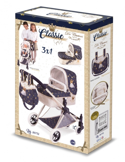 DeCuevas 80732 Voziček za lutke 3 v 1 XL s torbo Classic Gold 2020 - 81 cm