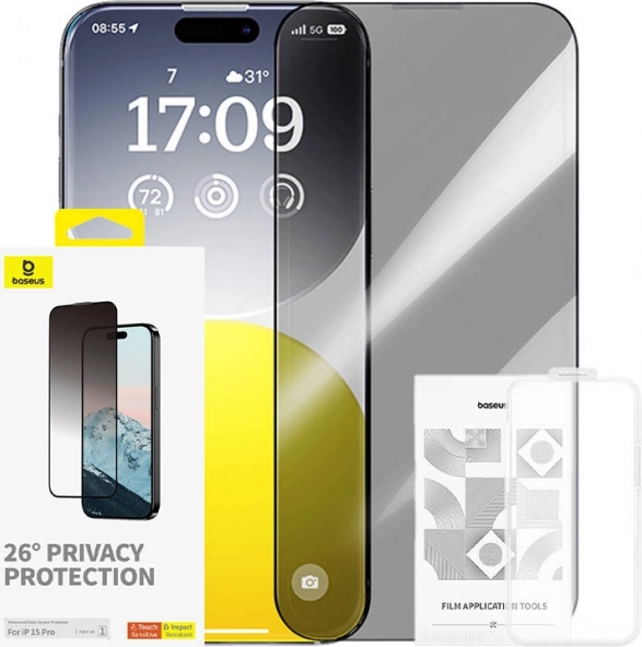 Kaljeno steklo za iPhone 15 Pro z zasebnostno zaščito Baseus Diamond