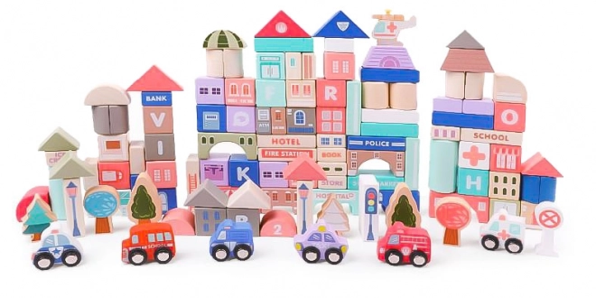 Lesene izobraževalne kocke mesto s podlogo 115 kos ECOTOYS
