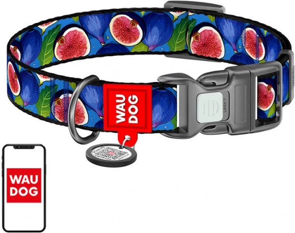 Najlonska ovratnica za pse Waudog z QR kodo in motivom fig, velikost XL