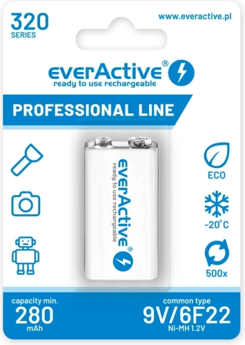 Akumulator everActive 9V 320 mAh Ni-MH pripravljen za uporabo