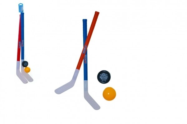 2x plastična hokejska palica 72cm + plastna žoga za hokej + plastični pak v mreži