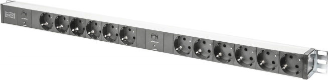 PDU napajalni trak 19" RACK, 12x vtičnica Schuko, 2x 2 m vtikač Unischuko, 16 A, prenapetostna zaščita, aluminijast profil