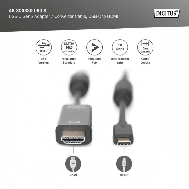 Kabel USB Type-C na HDMI za prenos video signala 4K/60Hz 5m črna