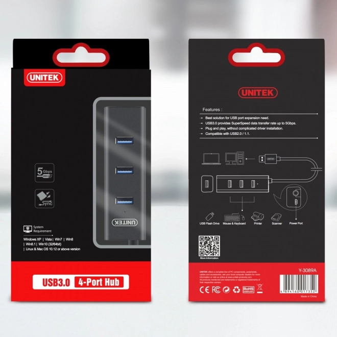 Razdelilnik 4x USB 3.0; BC1,2; ČRNI