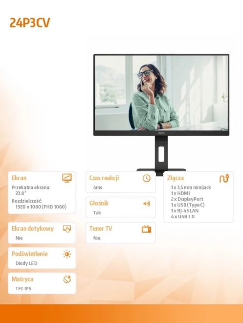 Monitor AOC 24P3CV 23,8" IPS s HDMI, DP, USB-C in Pivot