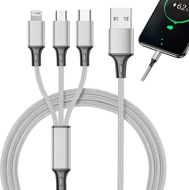 Univerzalni 3-v-1 polnilni kabel s konektorji Lightning, Micro USB in USB‑C 1,2 m – Srebrna