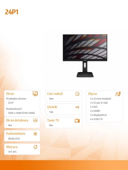 Monitor AOC 24P1 IPS z DVI, DP, HDMI, Pivot, Zvočniki